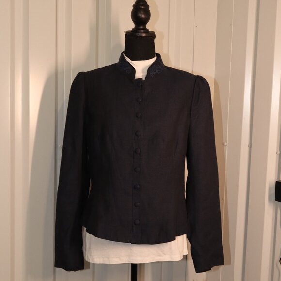 Badgley Mischka Womens Linen Navy Blazer Jacket Peplum Back Buttons Size 12 NWT - Picture 2 of 11